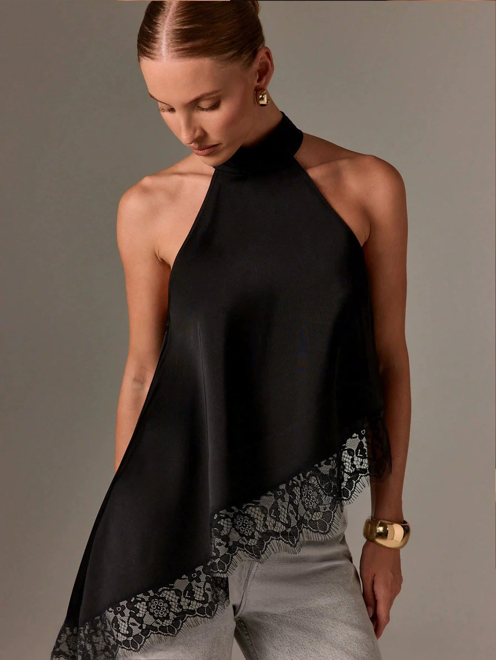 ZARA Satin Lace Patchwork Halter Sleeveless Stand Collar Off Shoulder Asymmetric